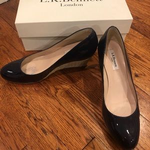 LK Bennett Navy Patent Zella Wedges